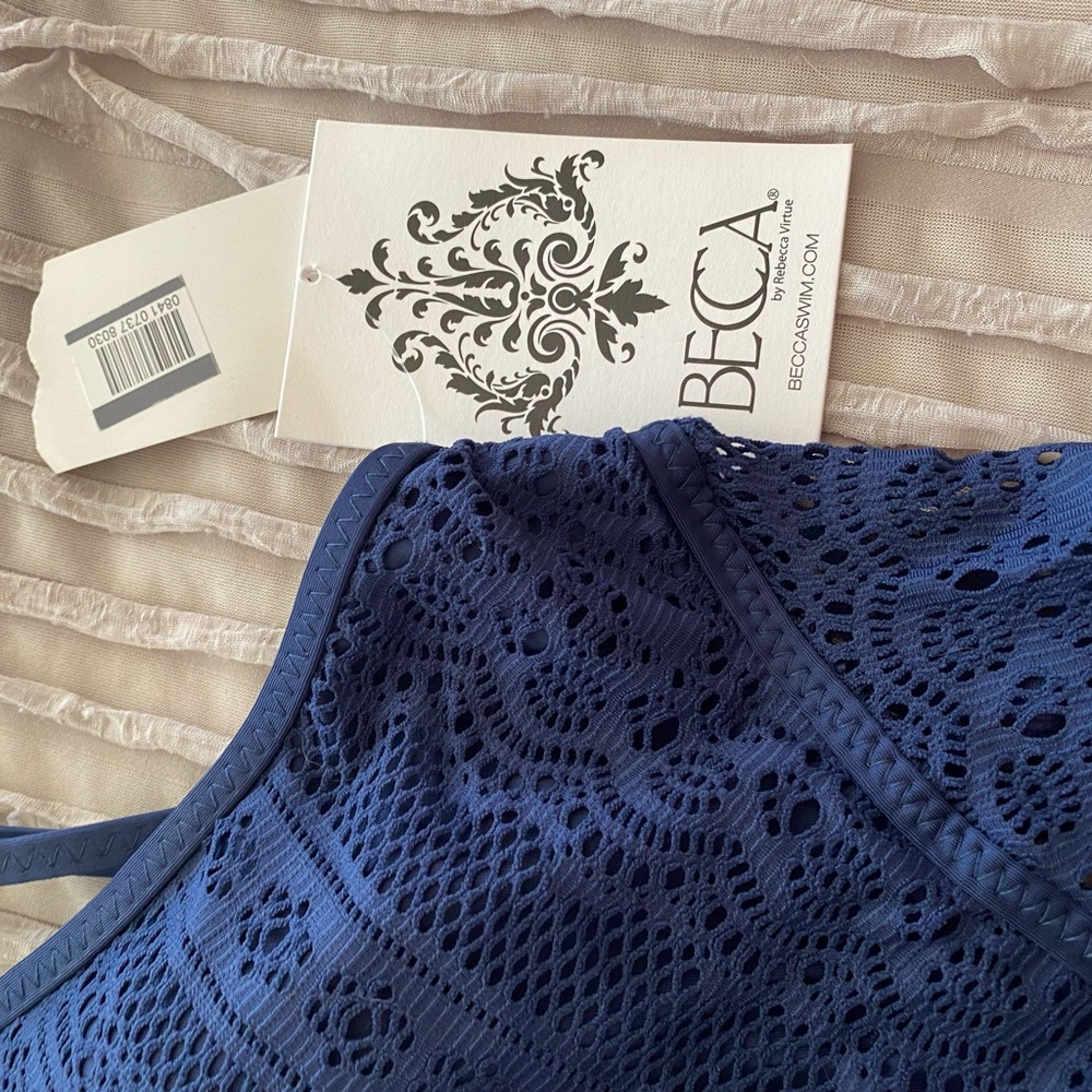 BECCA Deep Blue Crochet Plunge One-Piece Swimsuit - Picture 3 of 7